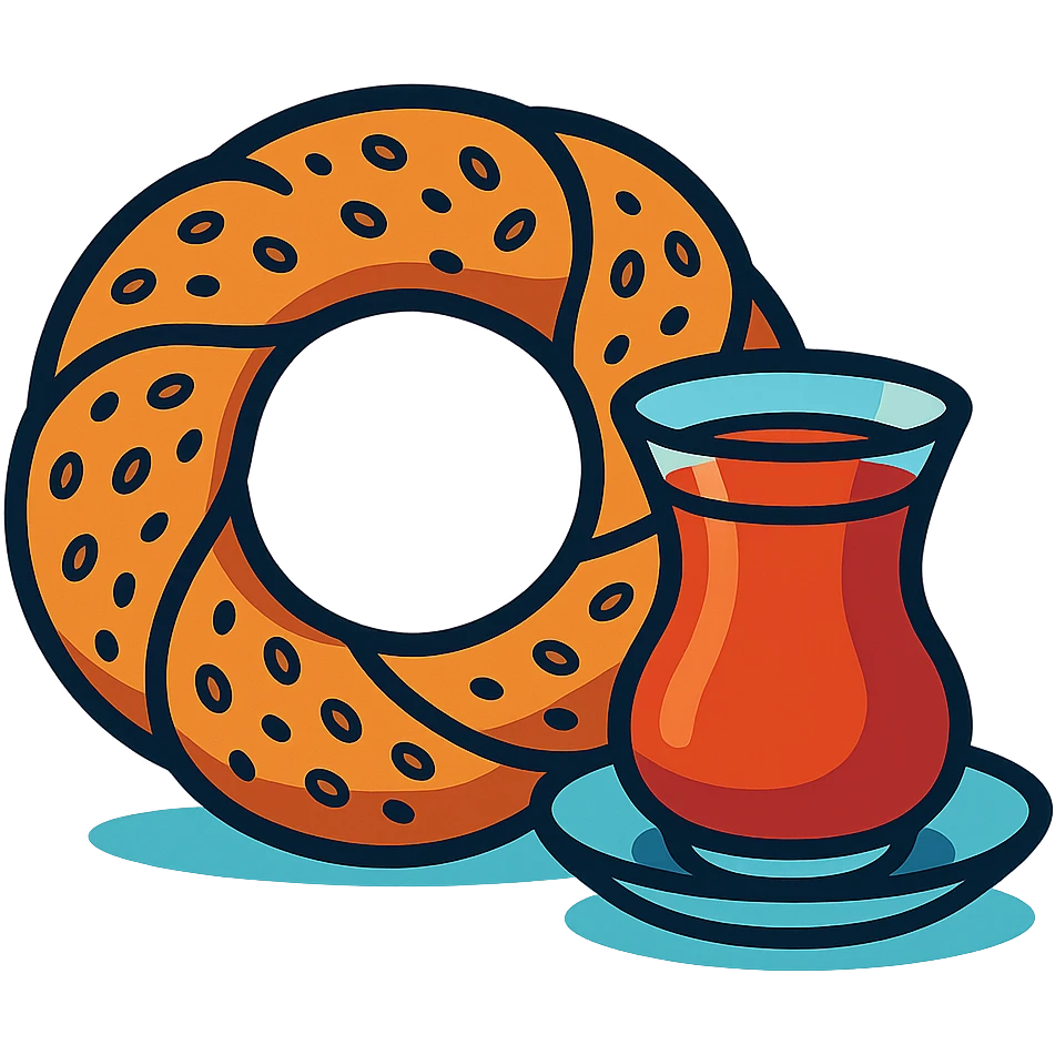 a simit, shown with a cup of Turkish tea beside it emoji