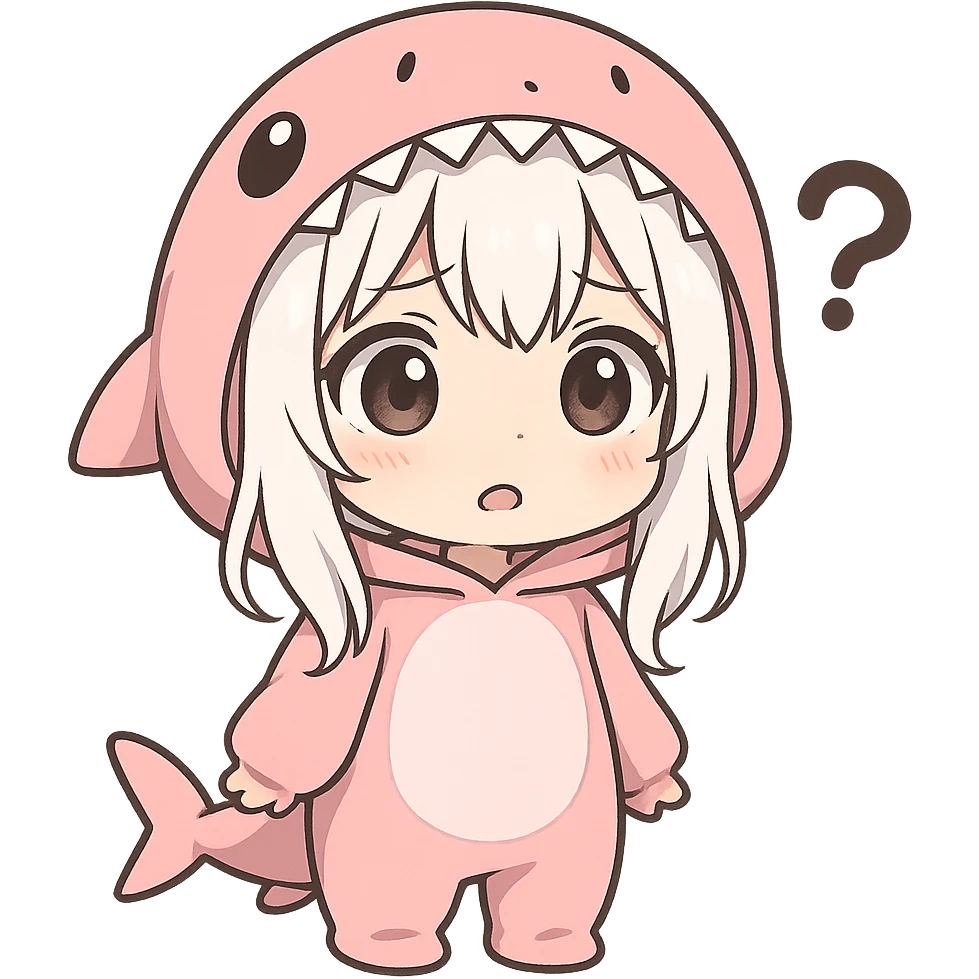 chibi style anime girl with white hair in a pink shark onesie, confused and cute expression emoji