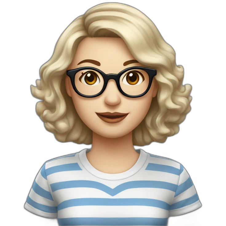 caucasian woman with retro glasses, dark brown hair a bob haircut, bangs, braces on teeth, blue and white striped t shirt emoji