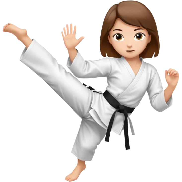 Ragazza castana che pratica karate, ha la cintura nera ed io tradizionale kimono bianco del karate, tira un calcio laterale oppure un pugno oppure è in posizione di guardia emoji