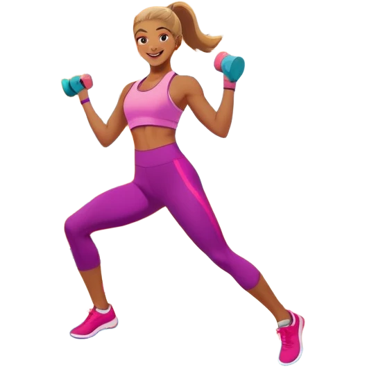 An energetic person performing an aerobics workout in a brightly lit gym, jumping and stretching with enthusiasm. The scene includes vibrant fitness equipment like dumbbells and exercise mats, with a background of cheerful, motivating colors, conveying energy and movement. emoji