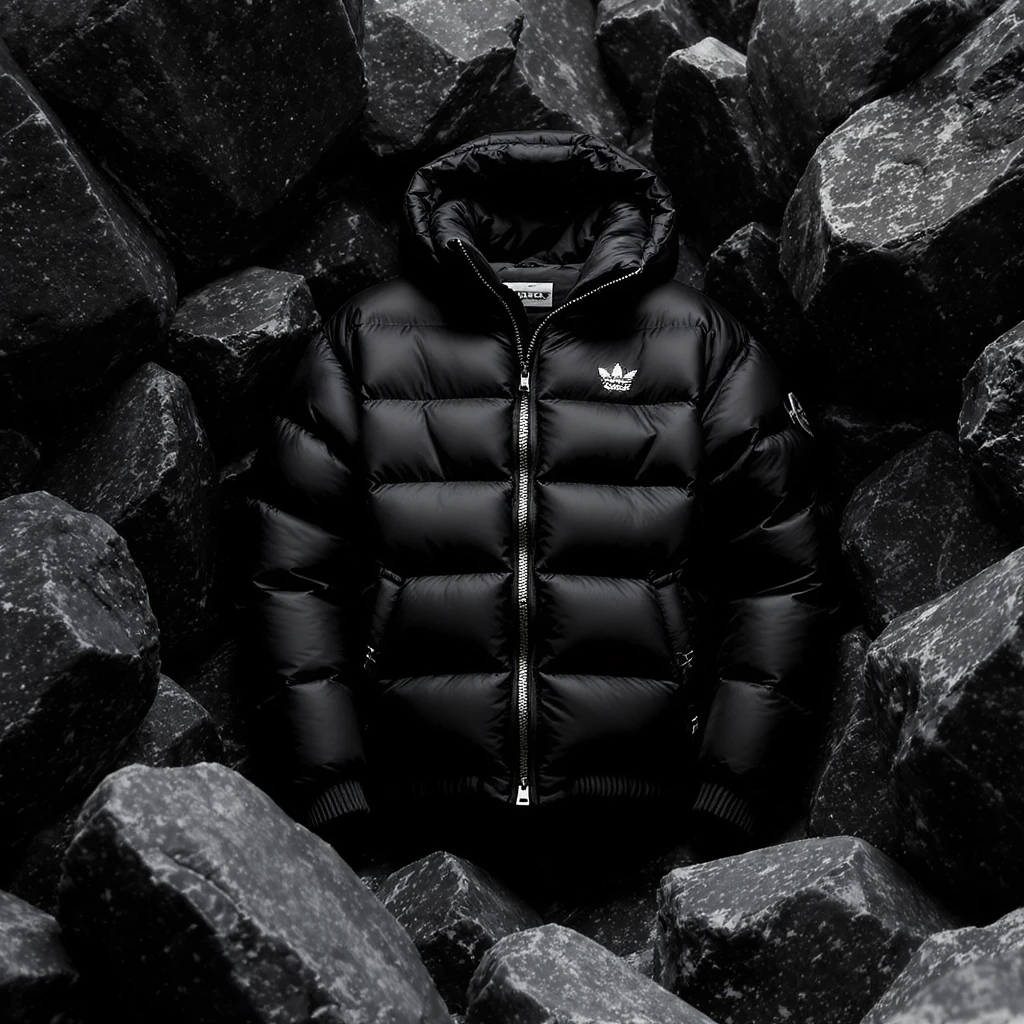 cinematic still of a black puffer jacket around black stone environment emoji