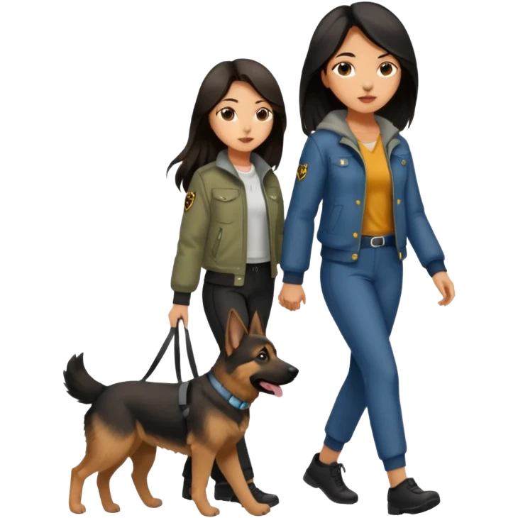 A girl with rather long brown-black hair is walking her German Shepherd. She's dressed very nicely in cute pants and a stylish jacket. emoji
