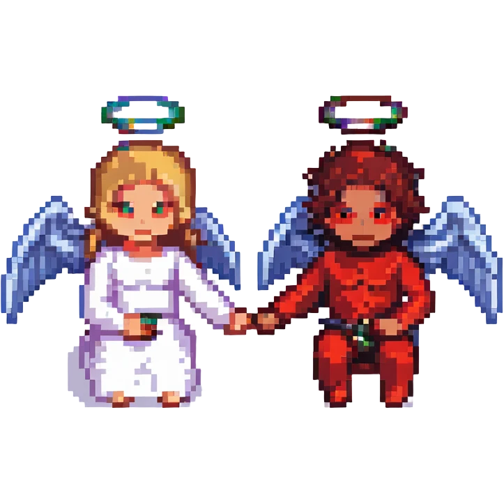 An angel and a demon sitting together, holding hands emoji