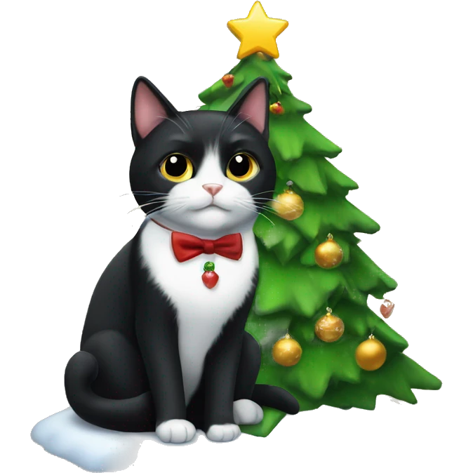 Black tuxedo cat sitting Christmas tree  emoji