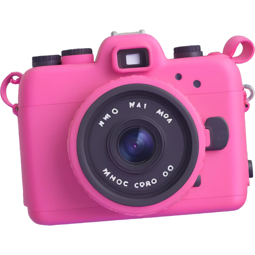 a pink camera with photos floating around it emoji