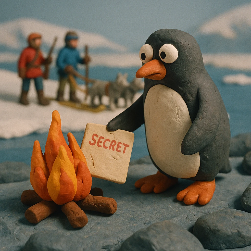 claymation style penguin on a rocky polar shore, burning secret files in a campfire, looking around nervously; far in the background, two people with wolf sled, rifles, skis emoji