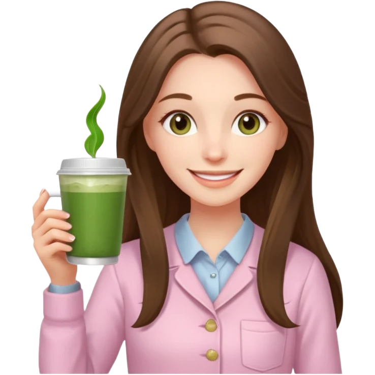 happy white long brunette hair girl with hazel eyes wearing light pink who is holding matcha emoji