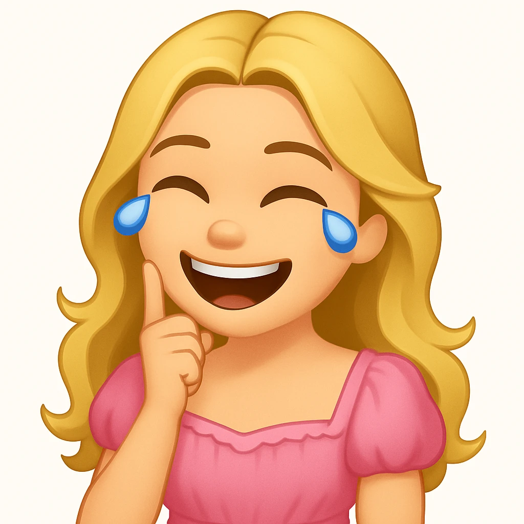 Edit the image to depict a long-haired blonde with swamp eyes wearing a pink pastel dress, in the style of iOS emoji. Match all features from the reference image but change the emotion to laughing. emoji