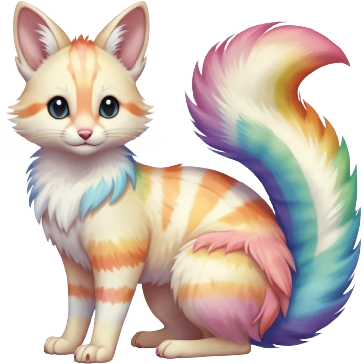  cute adorable pastel-iridescence-gradients albino fur with random colorful iridescent rainbow markings beautiful elegant pretty precious cute  Fakémon-Pokémon-opossum-feline-serval-caracal-chinchilla-Minccino-hybrid-creature with a big fluffy bushy striped tail (full body) emoji