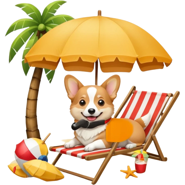 a corgi dog laied on a beach chair, a sunny beach, a sun umbrella, and beach coconut trees. the icon should capture the essence of a relaxing beach vacation with a carefree atmosphere emoji