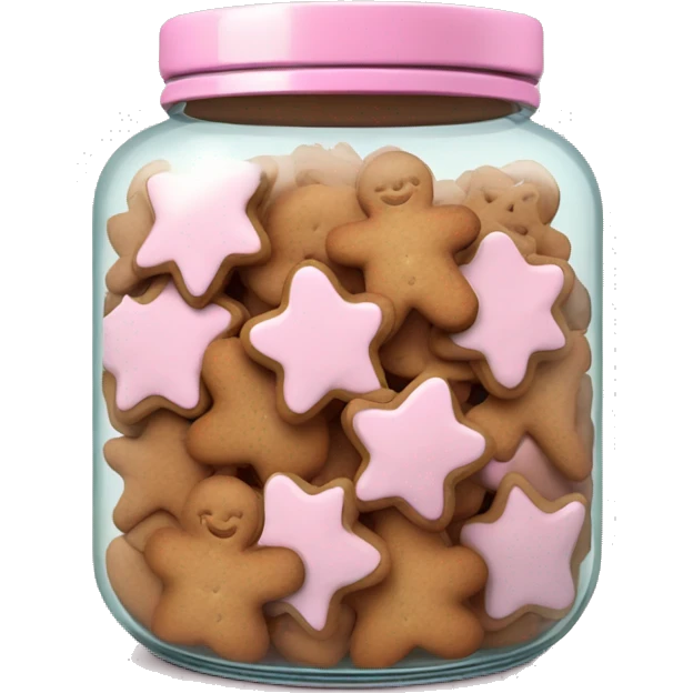 Realistic glass cookie jar with light pink lid full of gingerbread cookies isolated.  emoji