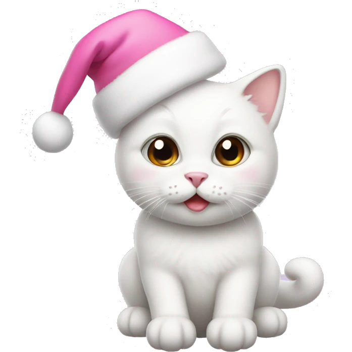 a cute white cat with a pink christmas hat emoji