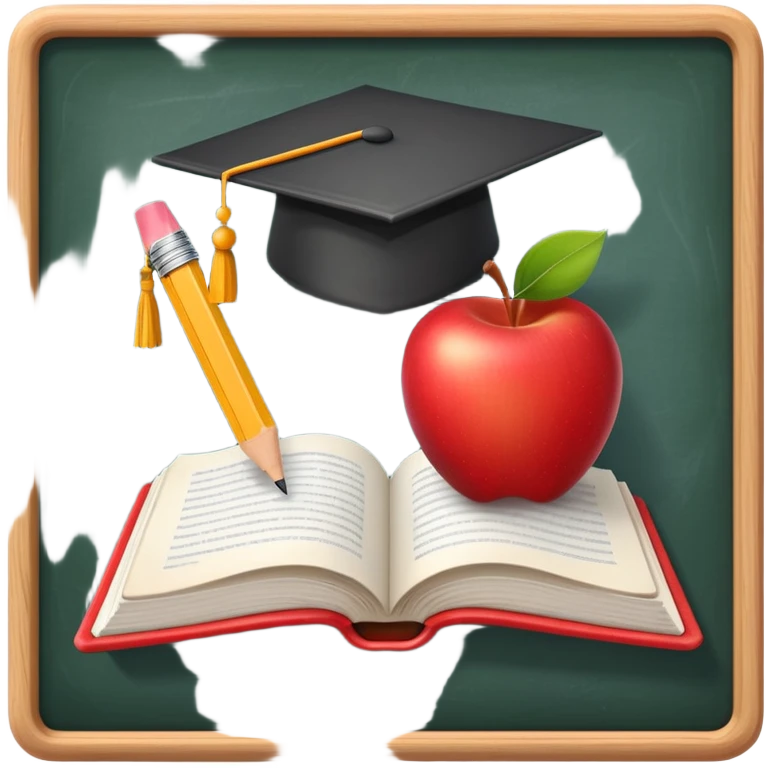 An icon featuring an open book, a pencil, and an apple, symbolizing education and pedagogy. The design includes a chalkboard with a lesson plan and a graduation cap, representing teaching and learning. Transparent background highlights the nurturing of knowledge and growth. emoji