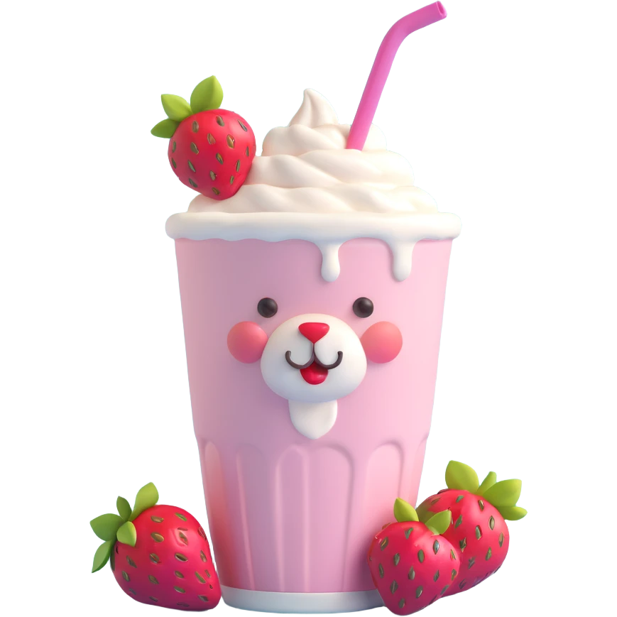 3D iOS style strawberry milkshake cup with a straw, bear character peeking out, two strawberries with green leaves, pink cherry blossoms, pastel palette, soft shadows, minimal design emoji