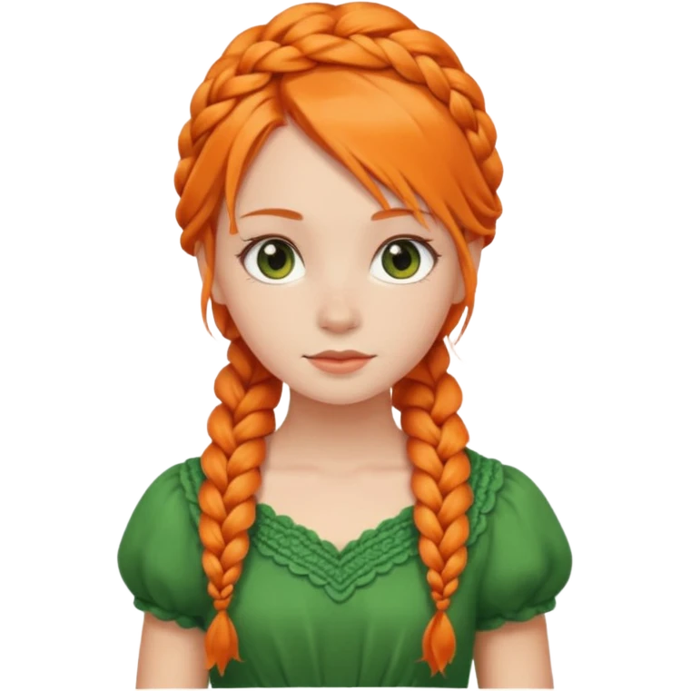 girl orange braid hair, green dress emoji