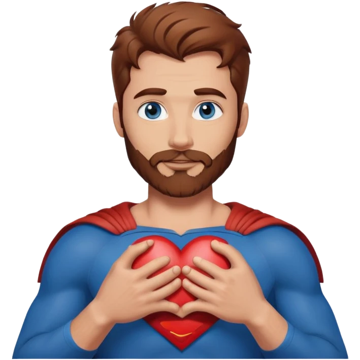 Adult Superman with blue eyes redish brownish hair and full scruffy beard making a heart with his hands emoji