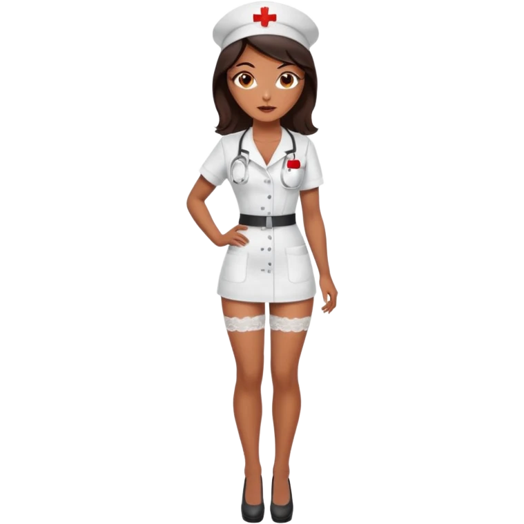 A sexy girl. with caramel skin. Dark brown hair and brown eyes. She has freckles. Wearing sexy makeup. Dressed as a sexy nurse. Full body. Wearing lingerie  emoji