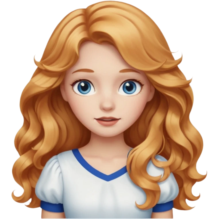 white girl with strawberry blonde super long wavy hair, white skirt, blushed cheeks emoji