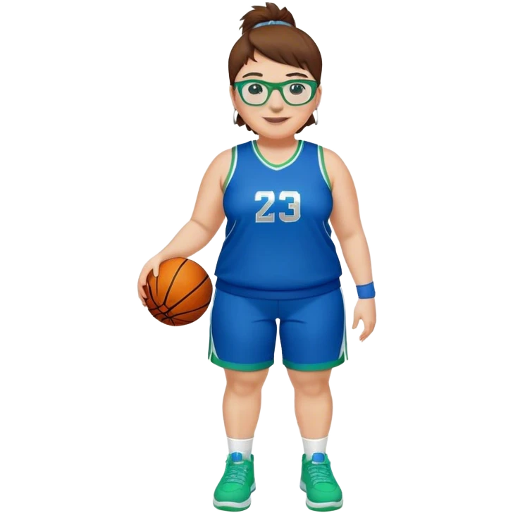 Full Body plus size white female basketball player with short medium brown hair with short spike hair wearing blue glasses 
With a small wide nose wearing blue green uniform  green sneakers smiling wearing silver hoop earrings emoji