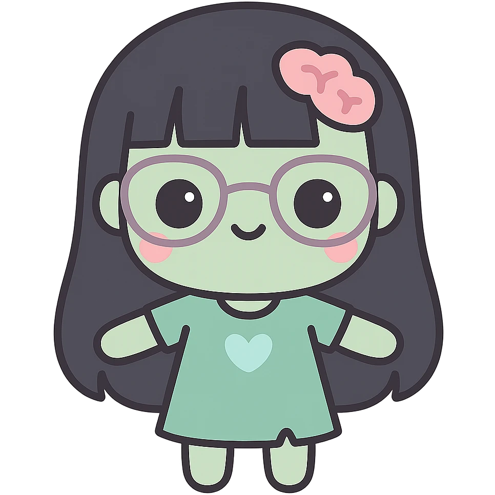 zombie girl with long black hair, bangs, and glasses, kawaii style emoji
