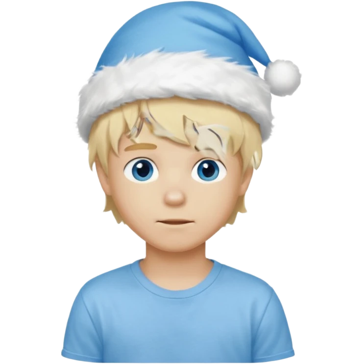 create boy blonde hair long messy, light eyes, white t shirt, rich, long hair, eyes blue, acessory head cristimas blue hat, fluffy hair emoji