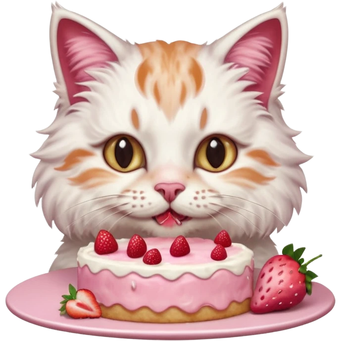 Close-up portrait of a fluffy cat eating a strawberry cake, pink cream on its nose and whiskers, detailed fur texture, soft natural light, shallow depth of field, high resolution, cute and candid moment
 emoji