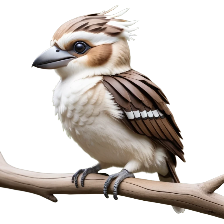 cinematic-kookaburra-realistic-full-body-perched-emoji,-compact-sturdy-frame-balanced-on-a-weathered-branch,-brown-and-white-feathered-wings-folded-neatly,-bold-striped-face-with-a-mischievous-glint-in-its-eye,-massive-sharp-beak-slightly-open-as-if-ready-to-laugh,-simplified-yet-realistic-focused-features,-highly-detailed,-glowing-with-a-warm-golden-light emoji