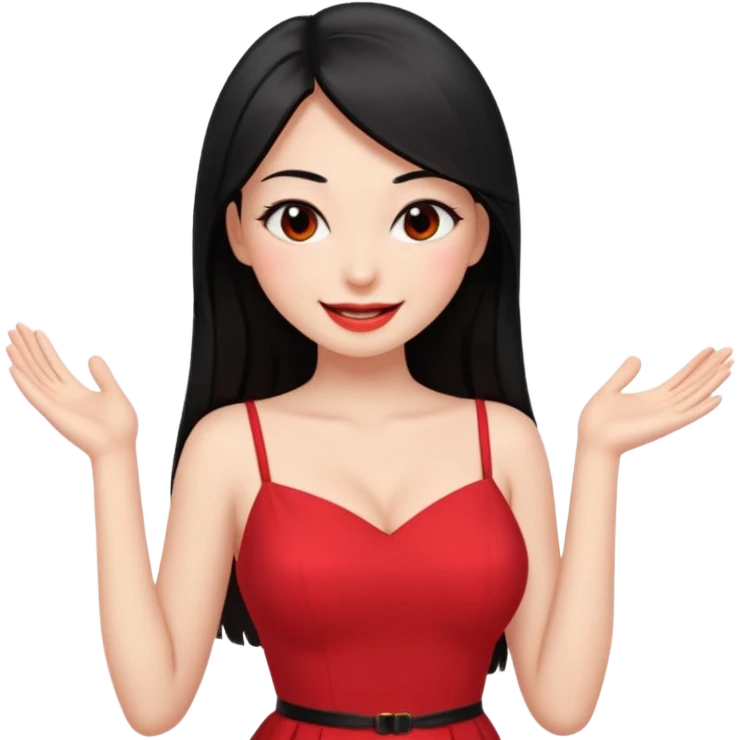 Chica joven pelo sémi largo color negro lacio delgada con con pechos grandes vestido rojo con sonrisa amigable y guiñando el ojo emoji