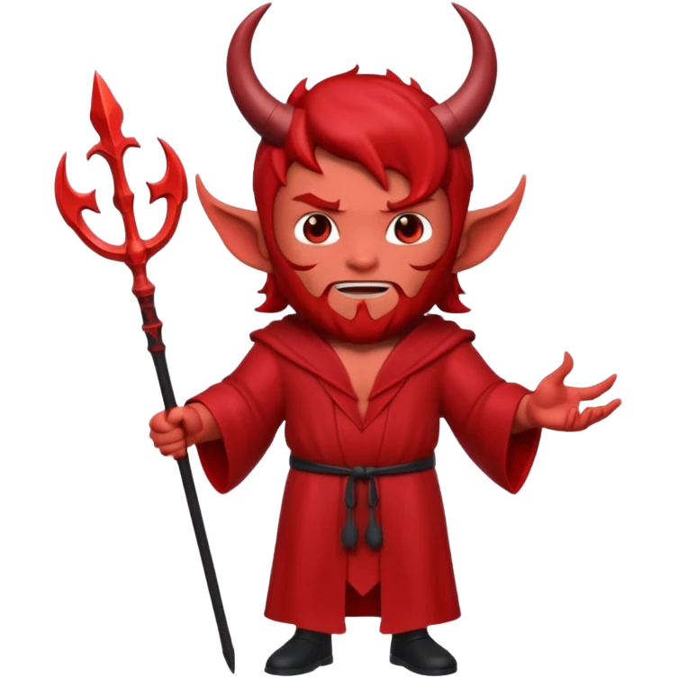 Full body 3D Memoji male devil in a dark robe, holding a trident symmetrically with both hands centrally. Red skin, horns, solid background. emoji