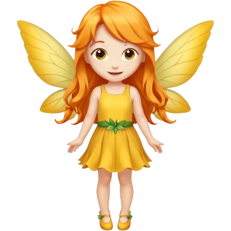 fairy with long orange hair, yellow wings, yellow dress, happy, chibi full body emoji