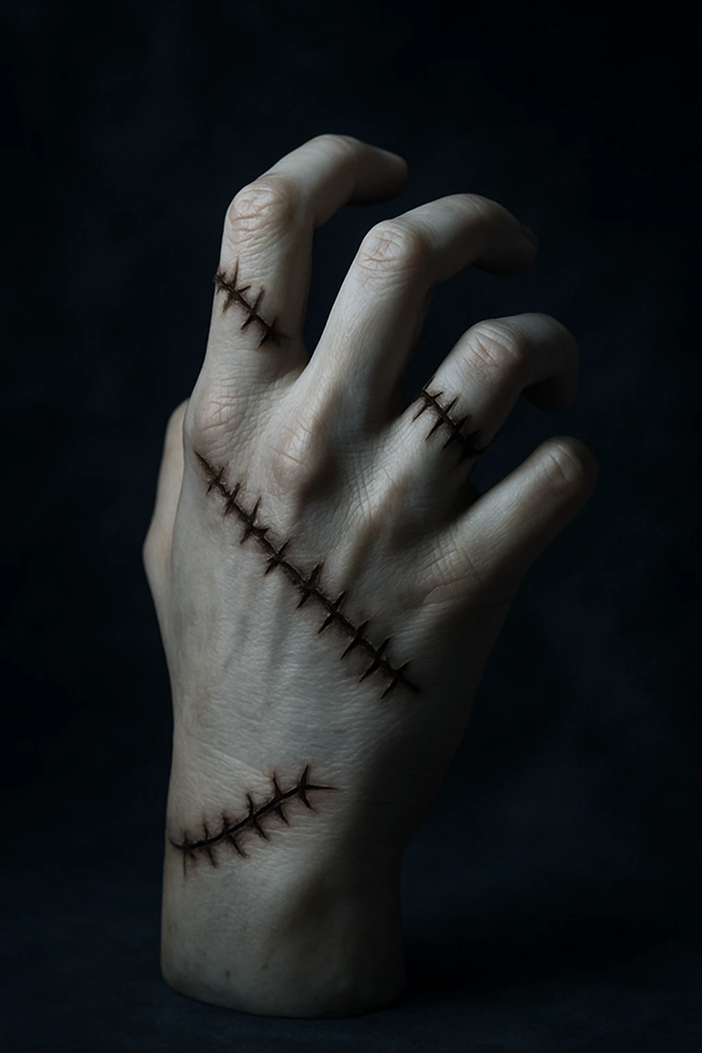 Wednesday Addams' hand inspired by Thing with stitched scars, moody gothic atmosphere emoji