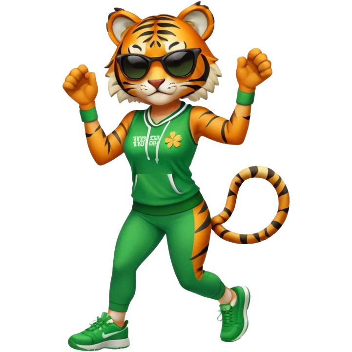 female energetic anthropomorphised tiger in full body, wearing St. Patrick's Day themed sportswear and dark sunglasses, dynamic pose emoji
