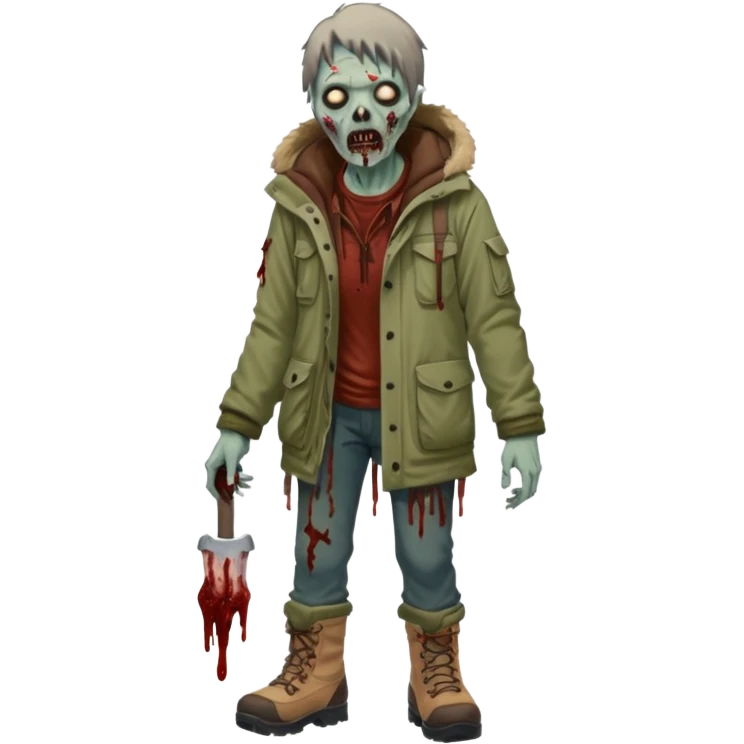 Local alaskan who has turned it zombies in the style of the walking dead, with rotting flesh and dripping blood but distinctively Alaskan. In the style of your bleeding skull art but Alaskan zombie. Full body emoji