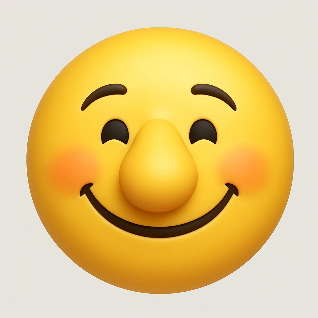 Create a yellow smiley face emoji with a large nose and the same facial expression as the reference image. The style should be 3D iOS emoji style, capturing the exact look and feel of the original emoji. Add a slight blush to the cheeks. emoji
