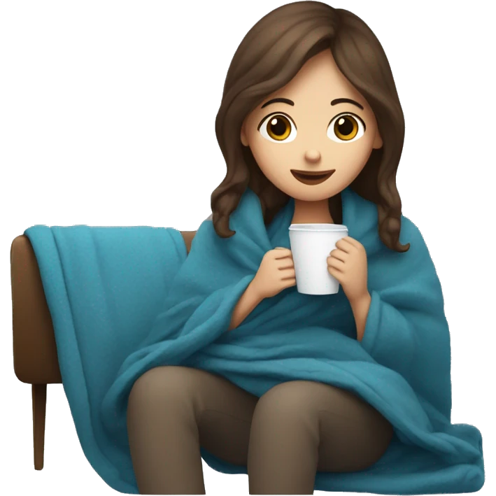 Brown hair Girl drinking coffee, with a blue cozy blanket emoji