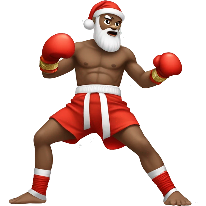 Santa dressed as a Muay Thai fighter doing a knee strike with white skin emoji