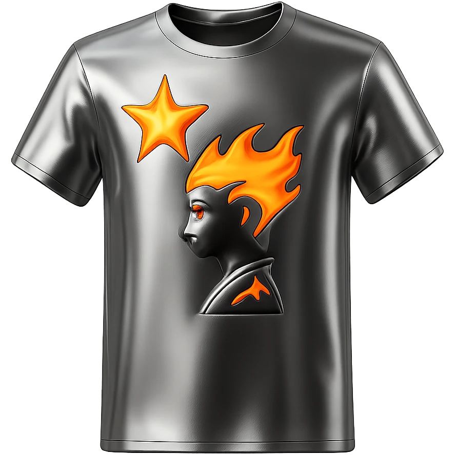 Isolate the flame t-shirt from the group and transform it into a 3D chrome metallic style, keeping all preset colors and details, highly reflective and shiny, no background. emoji