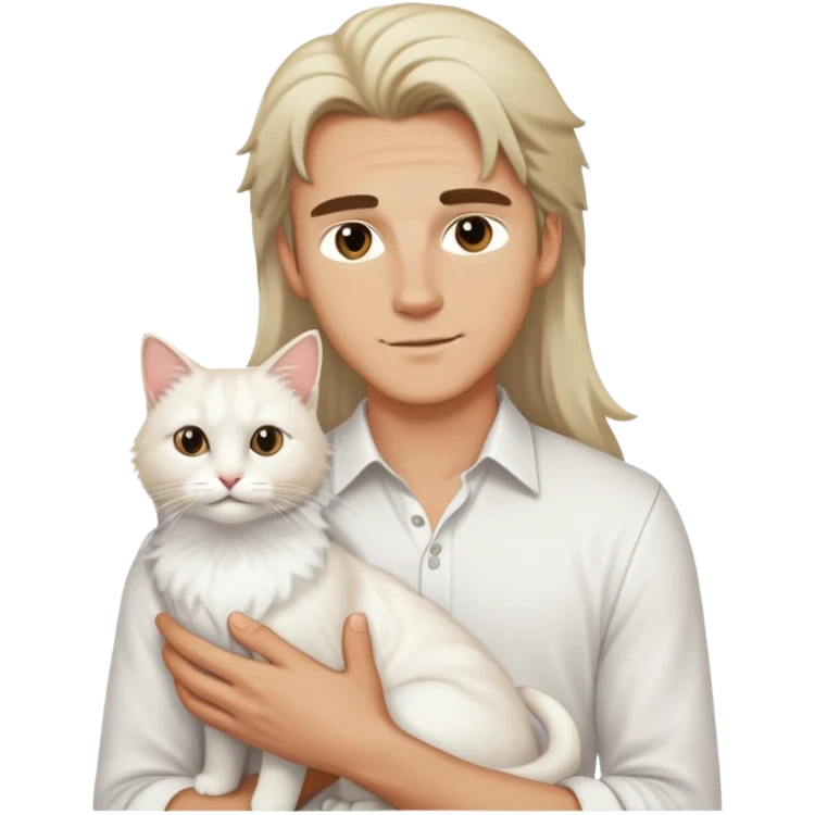 A young handsome Caucasian man in a white shirt holding a long-haired white cat and a beautiful girl holding a white cat emoji