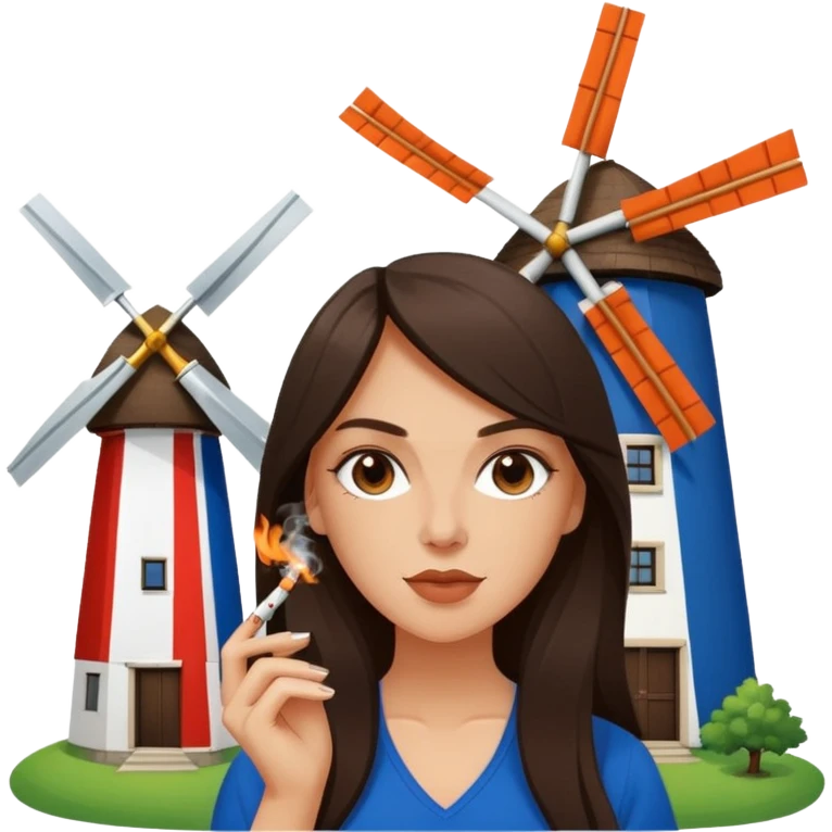 Windmill with on the top of the building a dutch flag and a white girl with long dark brown hair smoking a joint without filter. emoji