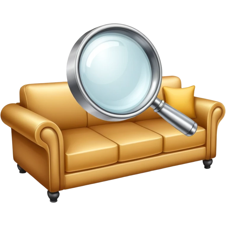 first-person view of a magnifying glass in foreground with a couch visible through the lens, furniture inspection emoji