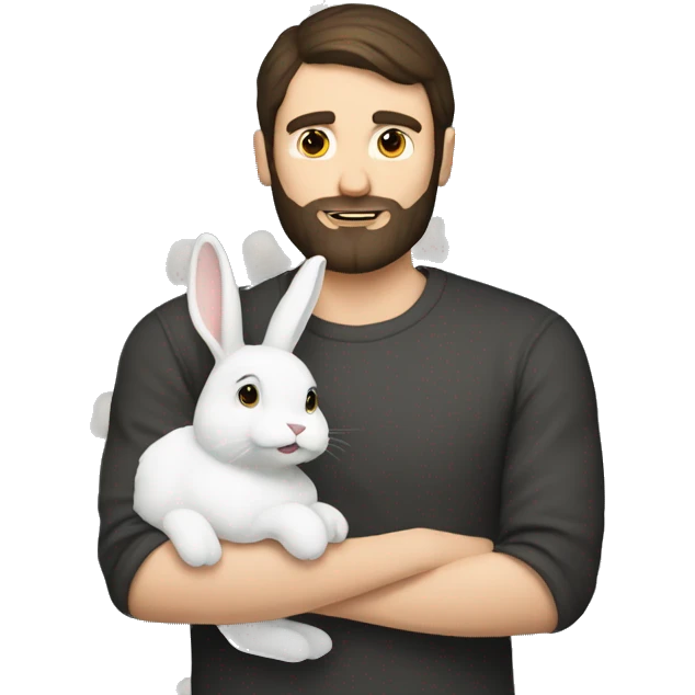 Brunette guy with a beard holds a white rabbit  emoji
