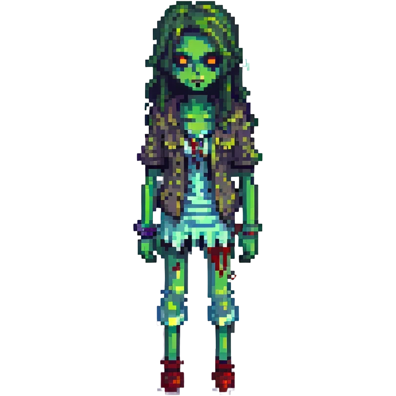 pixel art zombie girl, green skin, tattered clothes, cute and spooky emoji