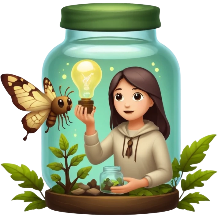 forest mystic character catching glowing idea moth in jar emoji