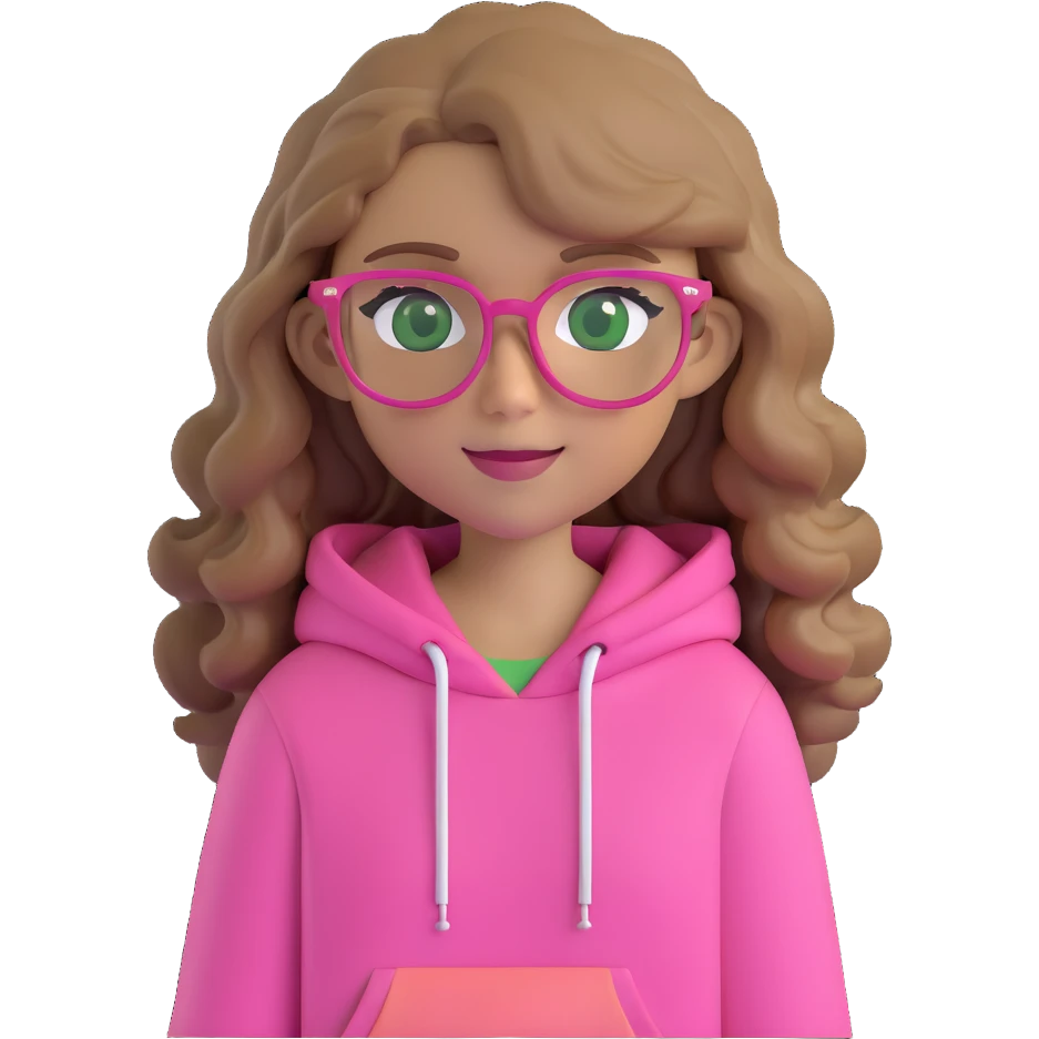 portrait of a girl, dark blonde wavy hair, green eyes, pink hoodie, brown glasses, cheerful look emoji
