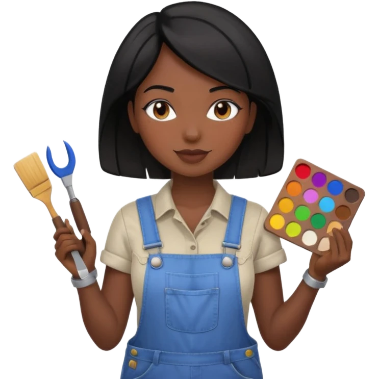 Créame emoji de una mujer que sea diseñadora industrial, pelo negra, piel morena, femenina con overol y una paleta de colores o herramientas de taller piel oscura chocolate  emoji