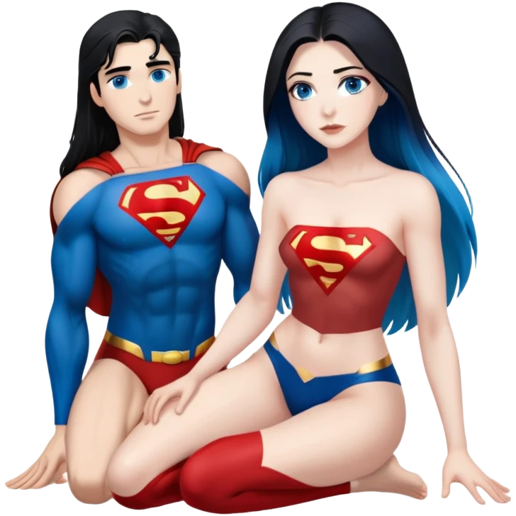 Art of woman's very sexy body scheme anatomy-bare shoulders and front-blue eyes-very long straight black to blue hair ombre-kneeling-front-leaning back-looking at male redish brownish haired superman to her side emoji