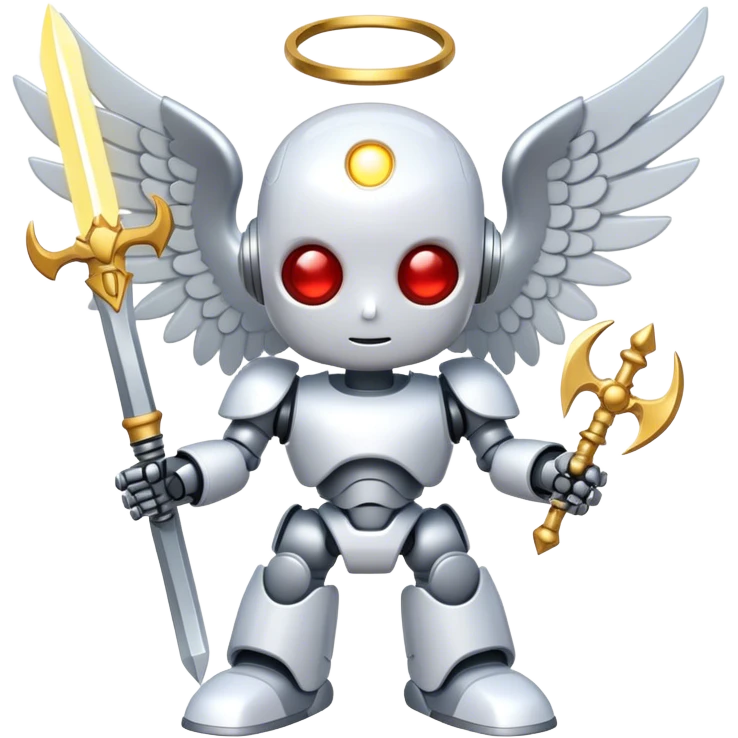 Robot angel holding an angel x devil sword emoji