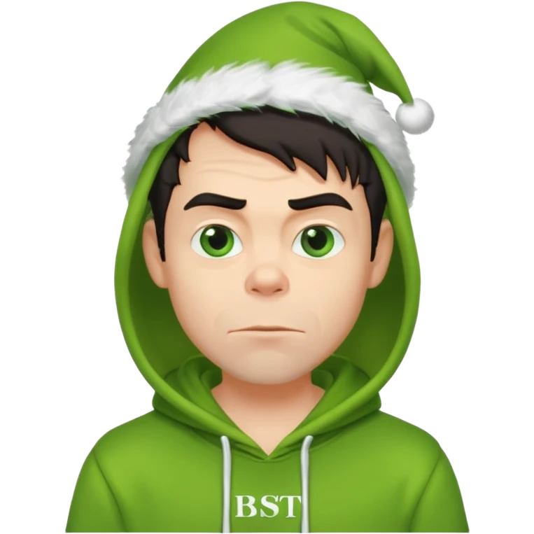 Create an avatar of white European with dark hair  male in hoodie with ``BST`` letters on it. Make background to look like from movie Grinch emoji