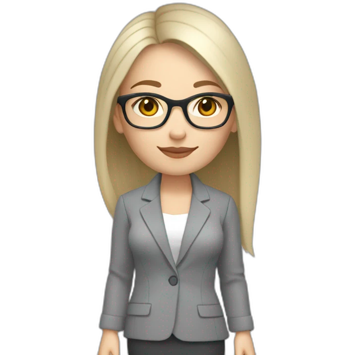 full height pale skin woman with cold blonde straight hair, care haircut, White blouse, Gray oversize jacket, Gray skirt and glasses glasses in a thin rim holding a color palette in the hands emoji